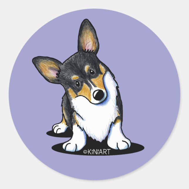 Tri Curious Corgi Classic Round Sticker (Vorderseite)
