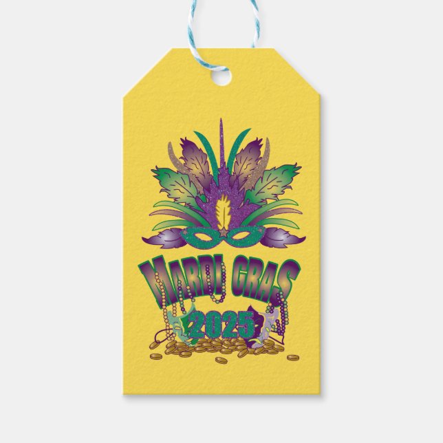 Tri-feather Mardi Gras Mask Tag - 2025 Geschenkanhänger (Vorderseite)