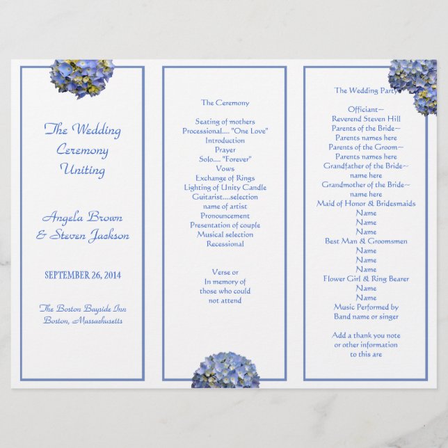 Tri-Fold Blue Wedding Zeremony Program (Vorderseite)