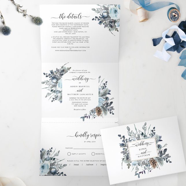 Tri-Fold Einladung mit UAWG Blue Floral Wedding (Von Creator hochgeladen)