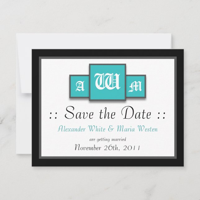 Tri-Monogram Aquamarin Modern Wedding Save the Dat Einladung (Vorderseite)