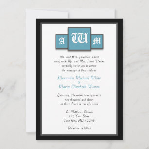 Tri-Monogram Blue Modern Wedding Einladungen