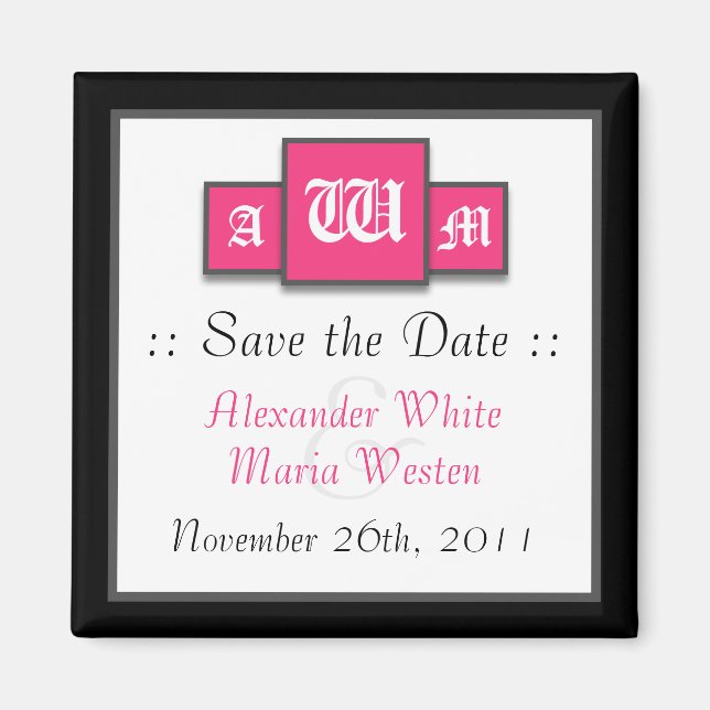Tri-Monogram Fuchsia Modern Save the Date Magnete (Vorne)
