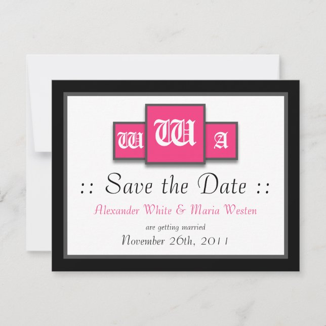 Tri-Monogram Fuchsia Moderne Hochzeit retten Termi Einladung (Vorderseite)