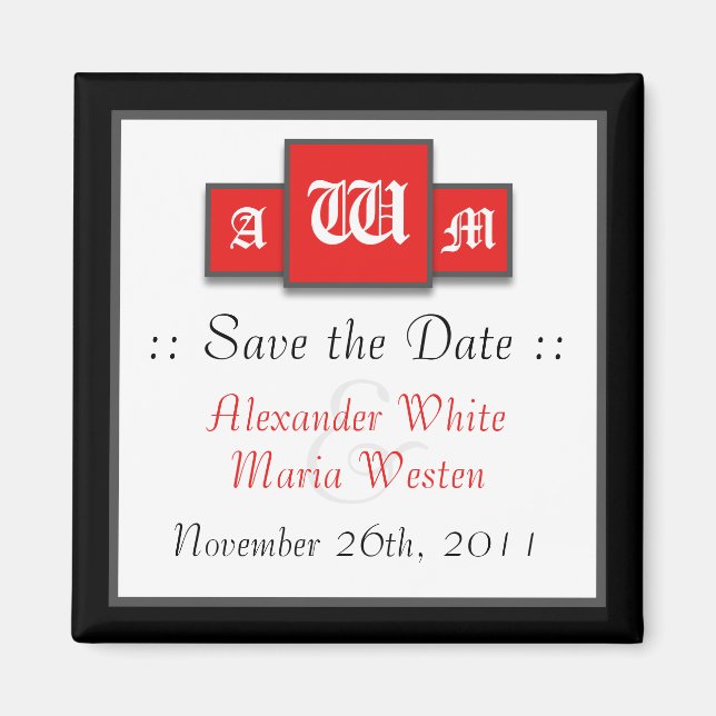 Tri-Monogram Red Modern Speichern Sie die Datumsma Magnet (Vorne)