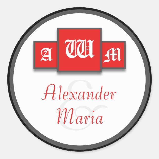 Tri-Monogram Red Modern Wedding Stickers/Siegel Runder Aufkleber (Vorderseite)