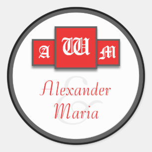 Tri-Monogram Red Modern Wedding Stickers/Siegel Runder Aufkleber