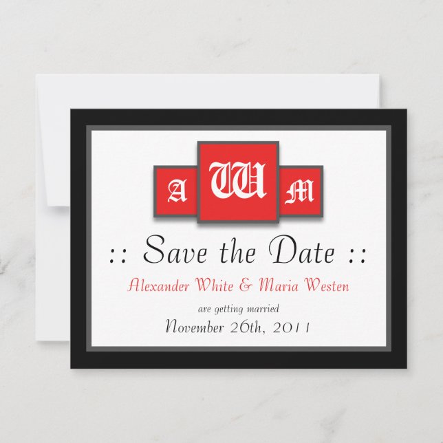 Tri-Monogramm Rot Moderne Hochzeit Speichern Sie d Einladung (Vorderseite)
