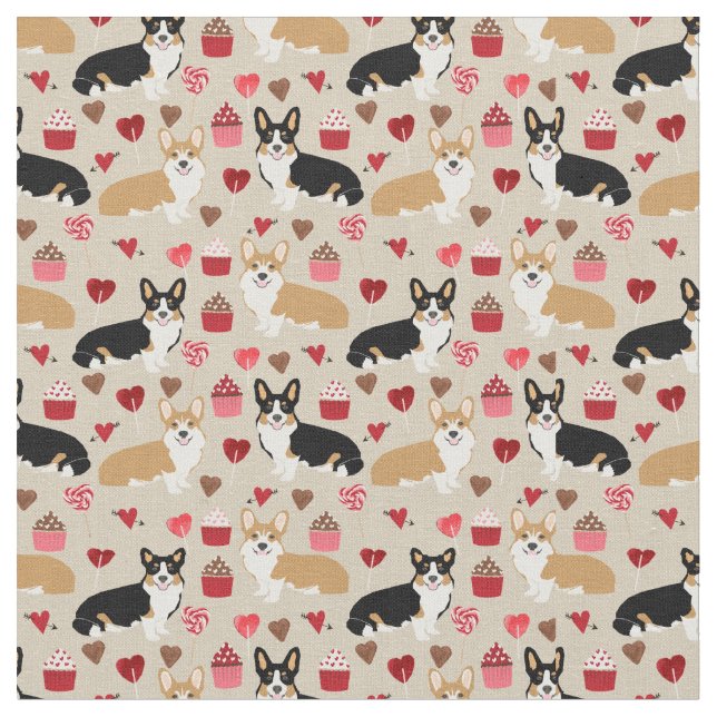 Tri und Red Corgi Valentines Fabric Stoff (Nahaufnahme)