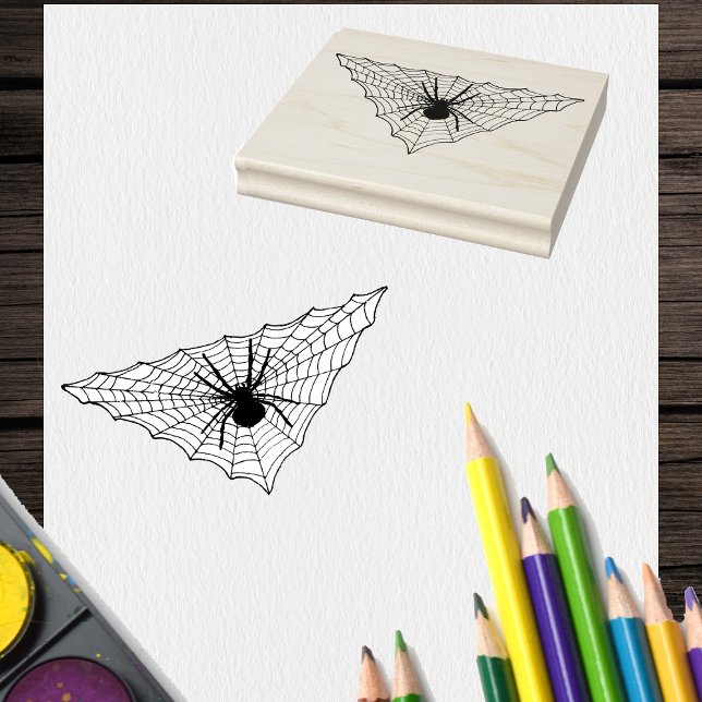 Triangle Shaped Web with big Spider for Halloween Gummistempel (Big crawling spider in triangle shaped spider web on Halloween craft rubber stamp.)