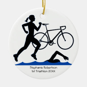 Triathlon Female Keepake in Blau Keramikornament