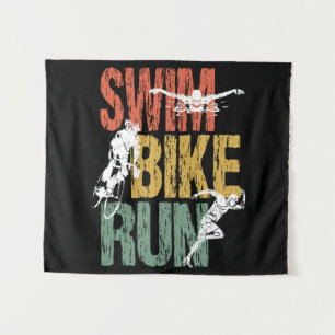 Triathlon Vintage Schwimmen Fahrrad Laufen Wandteppich