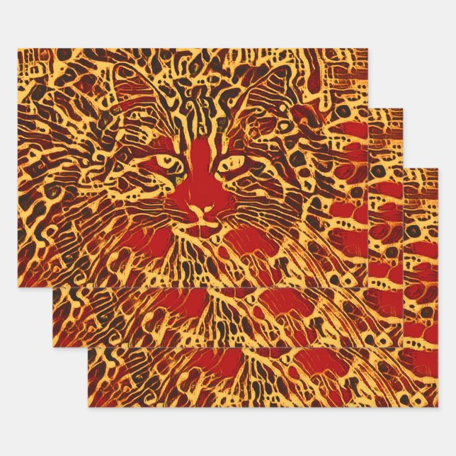 Tribal Abstrakt Tabby Cat Red Yellow Hippie Art Geschenkpapier Set (Set)
