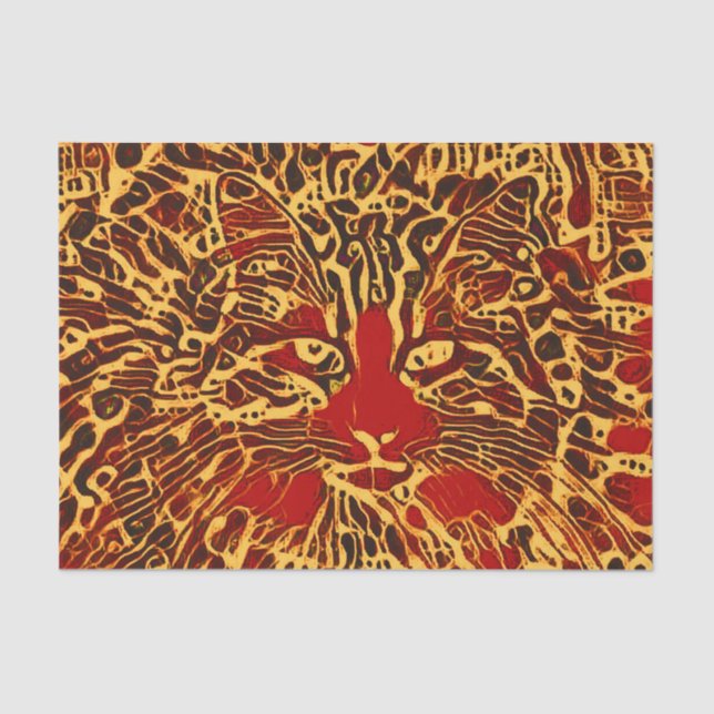 Tribal Abstrakt Tabby Cat Red Yellow Hippie Art Seidenpapier (Vorderseite)