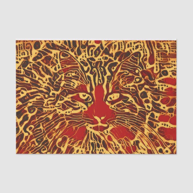 Tribal Abstrakt Tabby Cat Red Yellow Hippie Art Seidenpapier (Vorderseite)