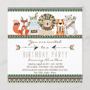 Tribal Animal Kids Indian Birthday Party Einladung