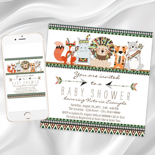 Tribal Animal Native Indian Baby Dusche Einladung (Adorable tribal baby shower invitation. Instant download and printed invitations available.)