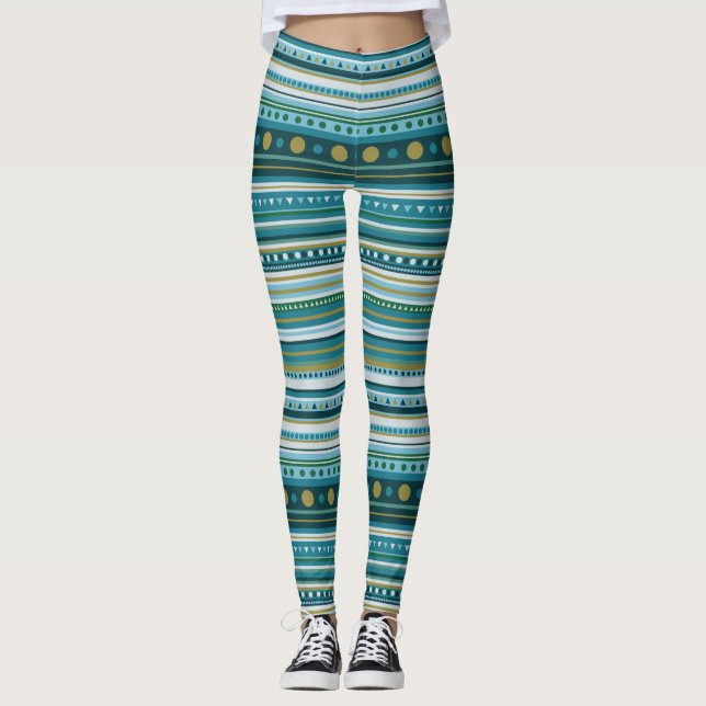 Tribal Aquamarin Blue Muster Streifen Leggings (Vorderseite)
