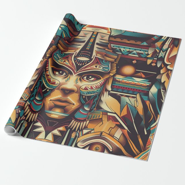 Tribal Aquamarin "Mesoamerican Motif" Matte Wrappi Geschenkpapier (Ungerollt)