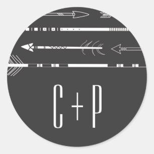 Tribal Arrows Hochzeitsmonogramm-Aufkleber   Grau Runder Aufkleber
