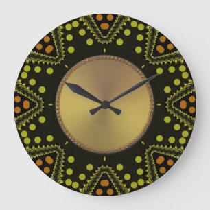 Tribal Art Dots Green Gold Wall Clock Große Wanduhr
