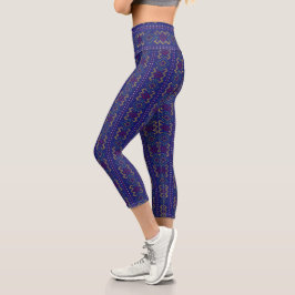 Tribal Aztec Knittermuster Blau Rot Gelb Capri Leggings