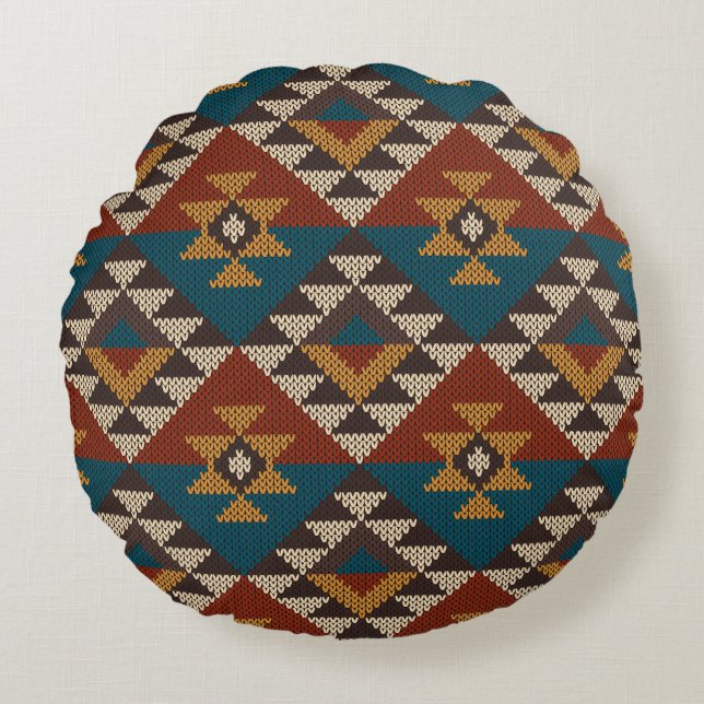 Tribal Aztec Wolle stickte Textur. Rundes Kissen (Vorderseite)
