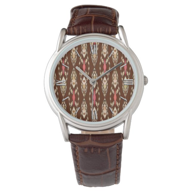 Tribal Batik - Brown, Tan und Coral Armbanduhr (Vorderseite)