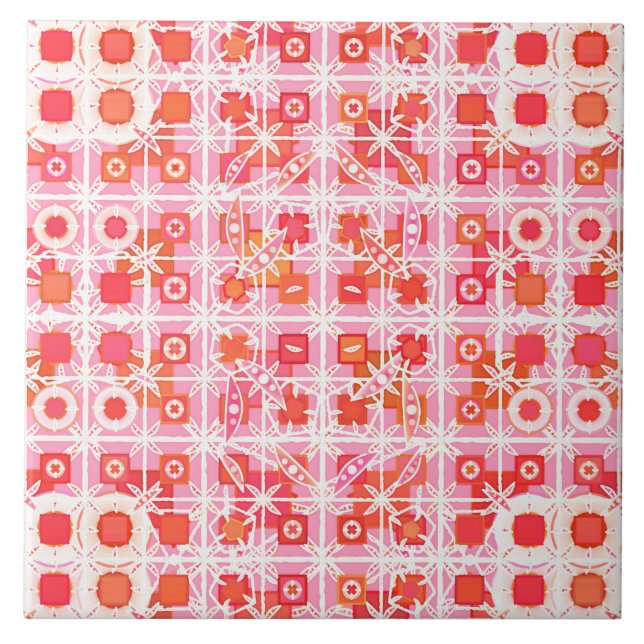 Tribal Batik - Erdbeere in Rosa und Rot Fliese (Vorderseite)