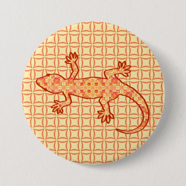 Tribal Batik Gecko - Korallen und hellorange Button (Vorderseite)