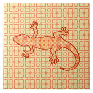Tribal Batik Gecko - Korallen und hellorange Fliese