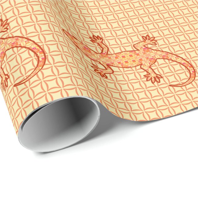Tribal Batik Gecko - Korallen und hellorange Geschenkpapier (Rolleneckpunkt)