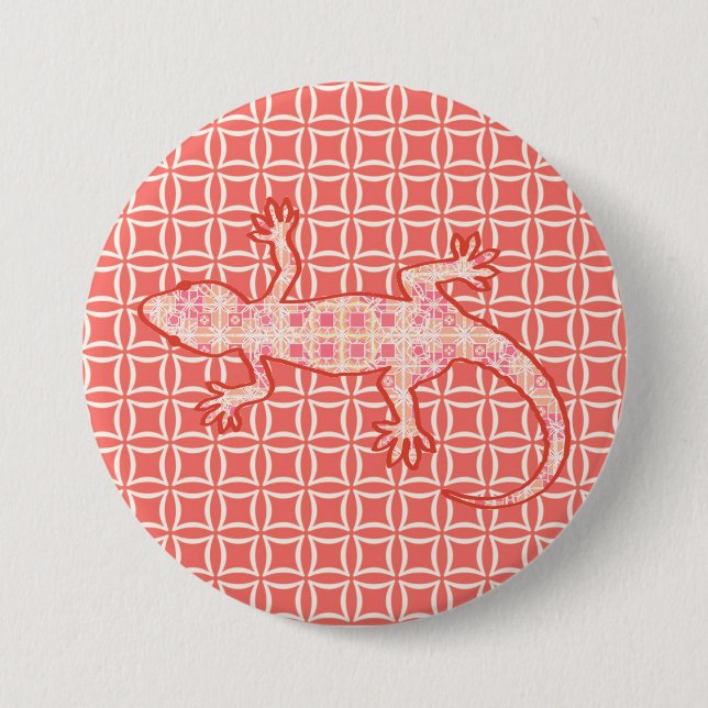 Tribal Batik Gecko - Korallenrosa und -creme Button (Vorderseite)
