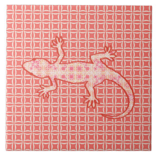 Tribal Batik Gecko - Korallenrosa und -creme Fliese