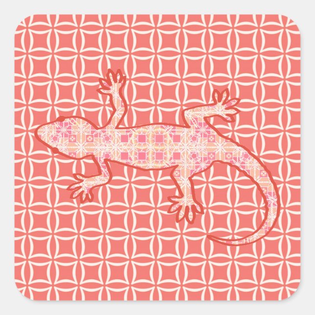 Tribal Batik Gecko - Korallenrosa und -creme Quadratischer Aufkleber (Vorderseite)