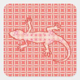 Tribal Batik Gecko - Korallenrosa und -creme Quadratischer Aufkleber