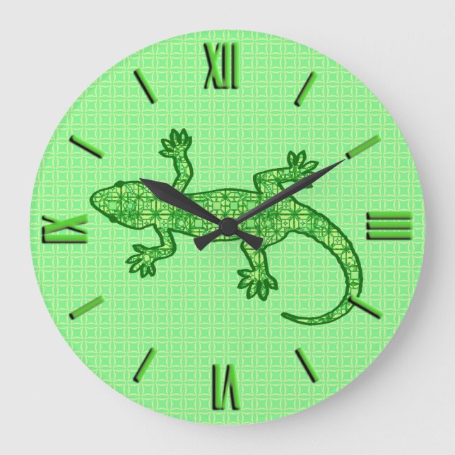 Tribal batik Gecko - Limon und smaragdgrün Große Wanduhr (Vorderseite)