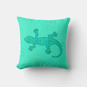 Tribal batik Gecko - Türkis / Pfau Kissen
