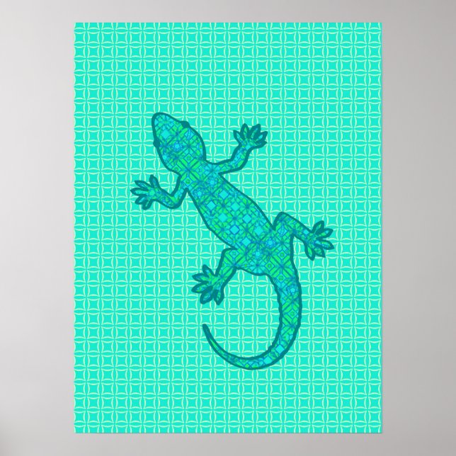 Tribal batik Gecko - Türkis / Pfau Poster (Vorne)