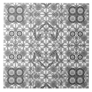Tribal Batik - grau, schwarz und weiß Fliese