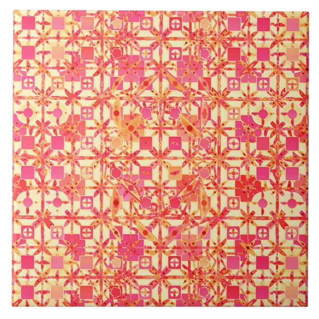 Tribal Batik - orange, korallenrosa und fuchsia Fliese (Vorderseite)