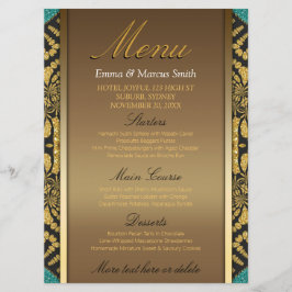 Tribal Batik Style Gold Black Aquamarin Wedding Me Menükarte
