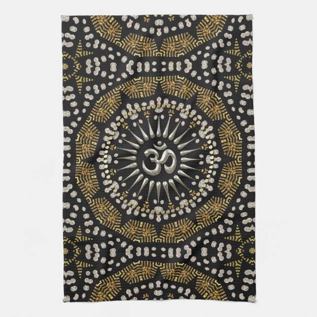Tribal Black Gold Silver Om Mandala Tuch Banner (Vertikal)