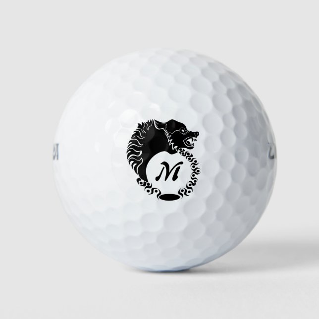 Tribal Black Wolf Head Silhouette Laurel Monogram Golfball (Vorderseite)