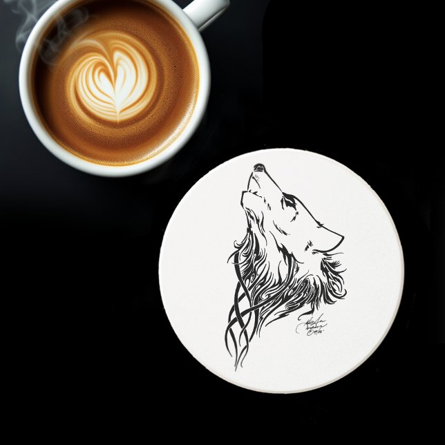 Tribal Black Wolf Howl Sandstein Untersetzer (Von Creator hochgeladen)