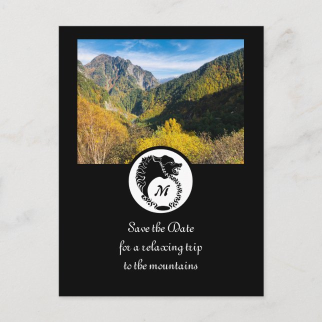 Tribal Black Wolf Silhouette Laurel Monogram Foto Einladungspostkarte (Vorderseite)