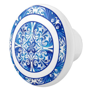 Tribal Blau- und Weiß Capri Maiolica Azulejo Keramikknauf
