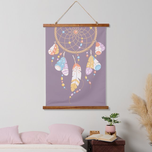 Tribal Boho Dreamcatcher auf Lila Wandteppich Mit Holzrahmen (Schlafzimmer)