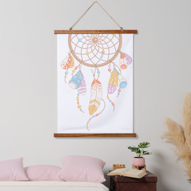 Tribal Boho Dreamcatcher auf Weiß Wandteppich Mit Holzrahmen (Schlafzimmer)