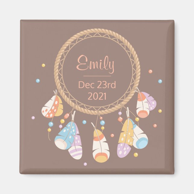 Tribal Boho Dreamcatcher New Baby Keepake Brown Magnet (Vorne)